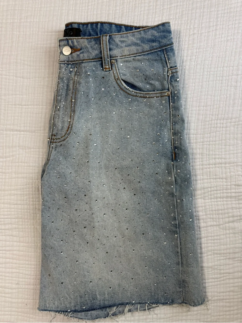 Light Blue Rhinestone-Studded Men's Denim Shorts